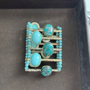 Blue and Gold Cuff Bracelet with Turquoise Stones